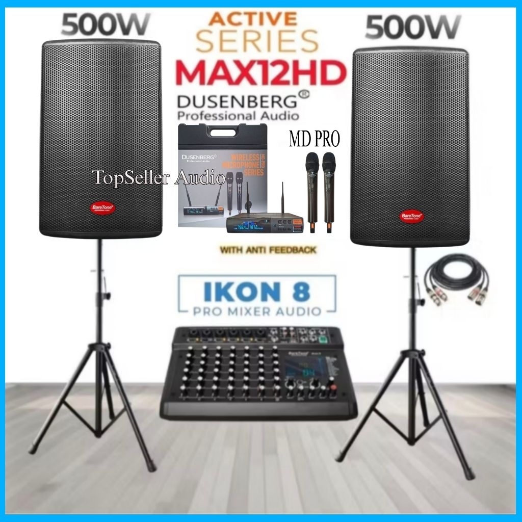 Paket Sound System Karaoke dll Speaker 12 Inch Aktif BareTone Max12HD Mixer BareTone Ikon 8 Bluetoot