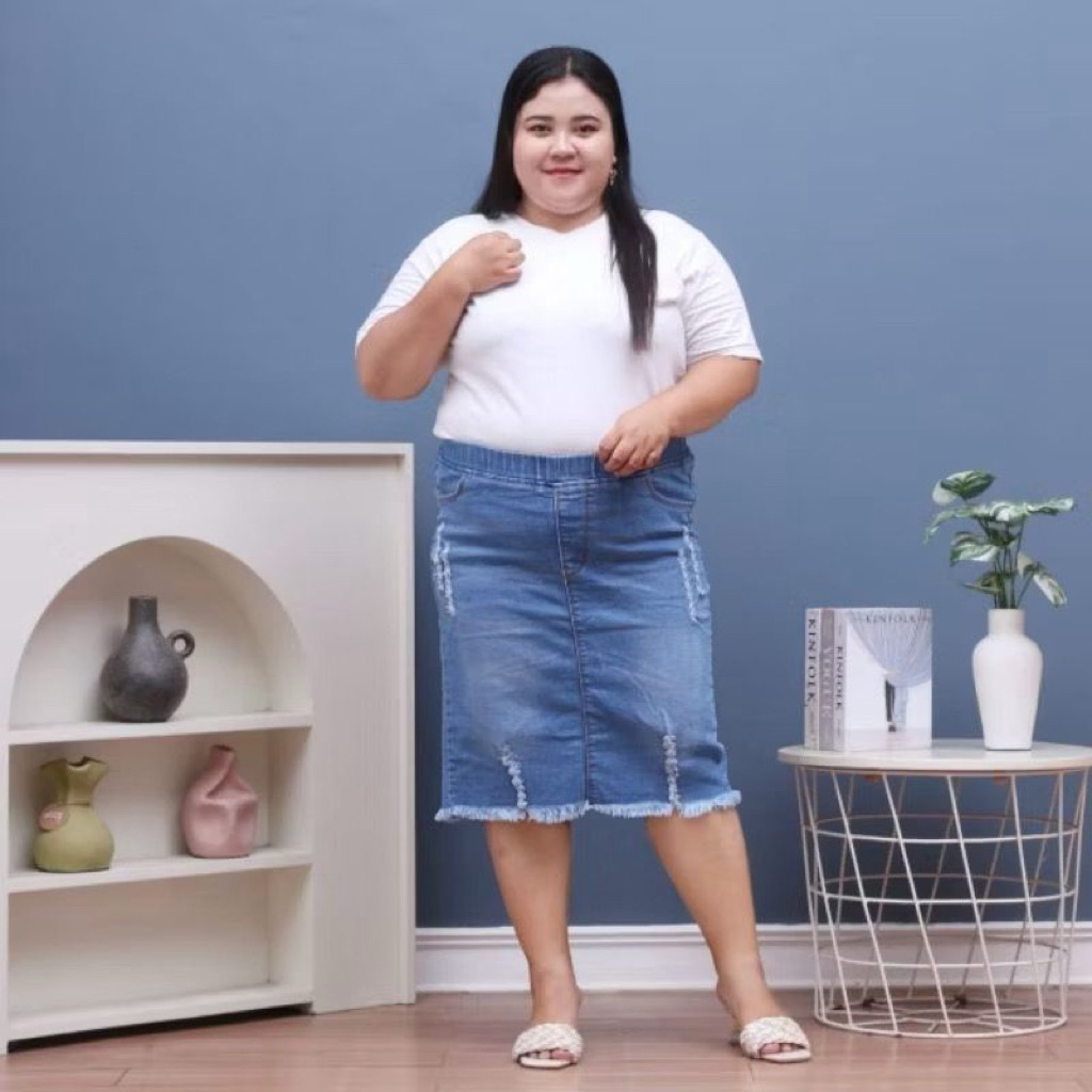 Rok Span Jeans Pendek Jumbo - Bawahan Jeans Wanita - Bawahan jeans Pinggang karet