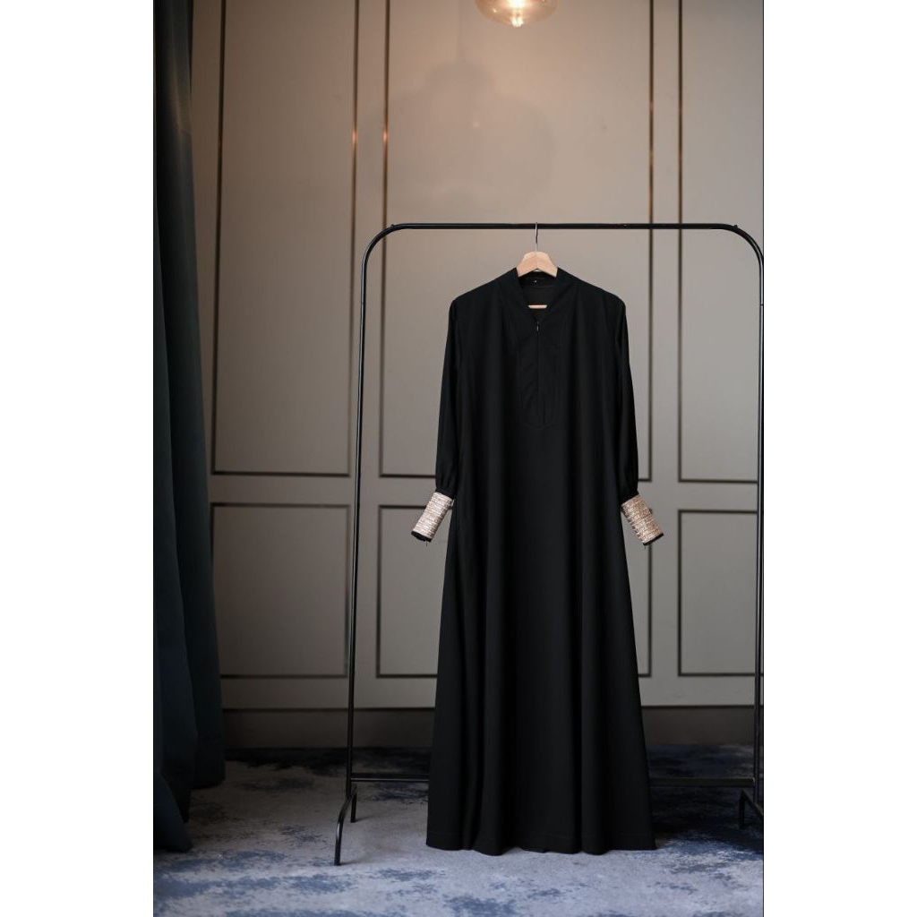 Abaya ethnic gold/gamis jetblack/gamis hitam/gamis umroh/gamis haji/gamis lebaran/gamis al arabian b
