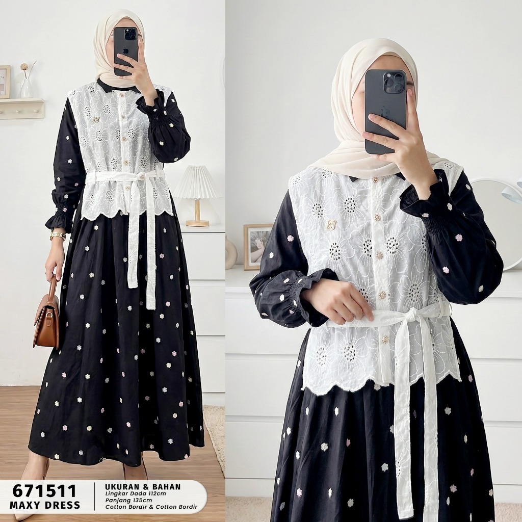 Yolanda Maxy Dress Katun Bordir Gamis Wanita Elegan Busui Friendly Fit to XL
