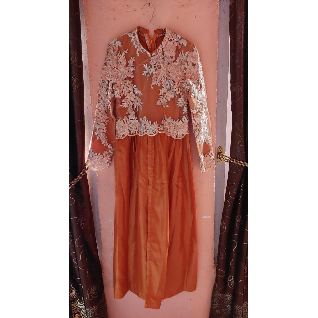 Dress Brokat Kombinasi Wanita Warna Orange (Preloved)