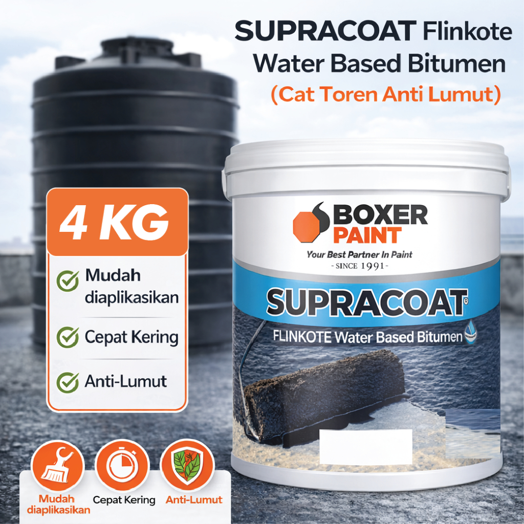 (4 KG) SUPRACOAT Flinkote Water Based Bitumen Cat Tangki Toren Air Anti Lumut
