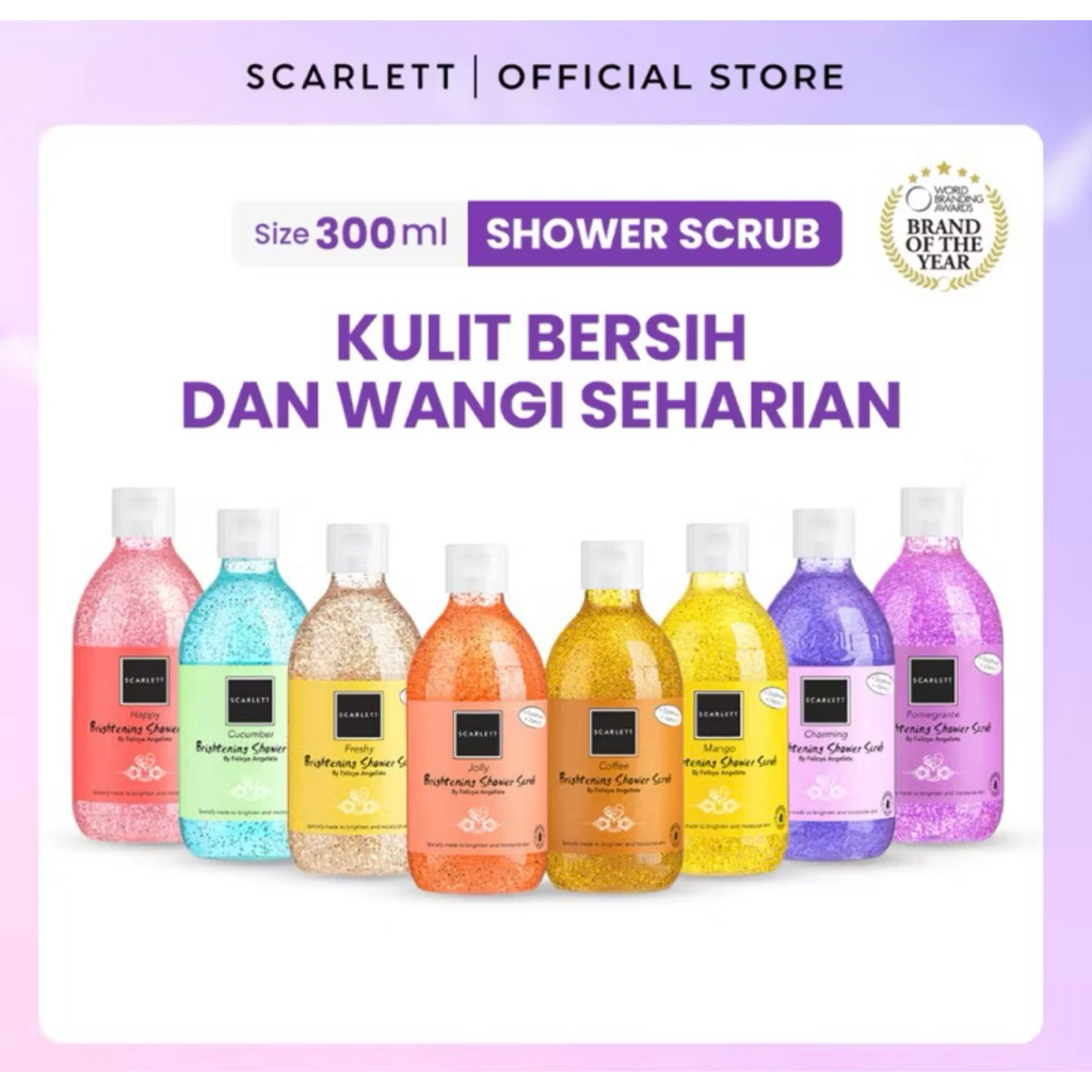 (CUCI GUDANG) SCARLETT Whitening Shower Scrub 300ml - JOLLY / CHARMING / FRESHY / MANGO / CUCUMBER /