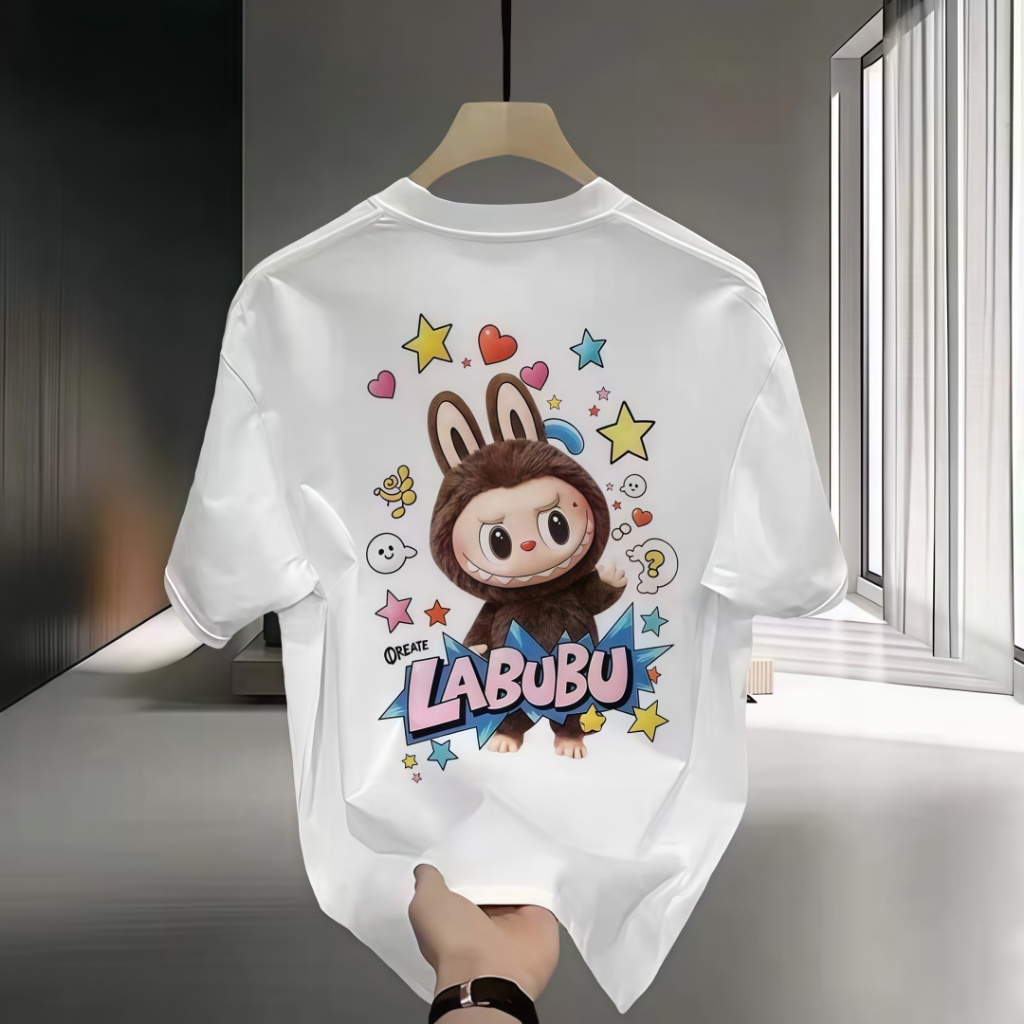 (COD)   Kaos Oblong Pria Oversize Cetak Kartun LABUBU - Baju Atasan Santai Trendy