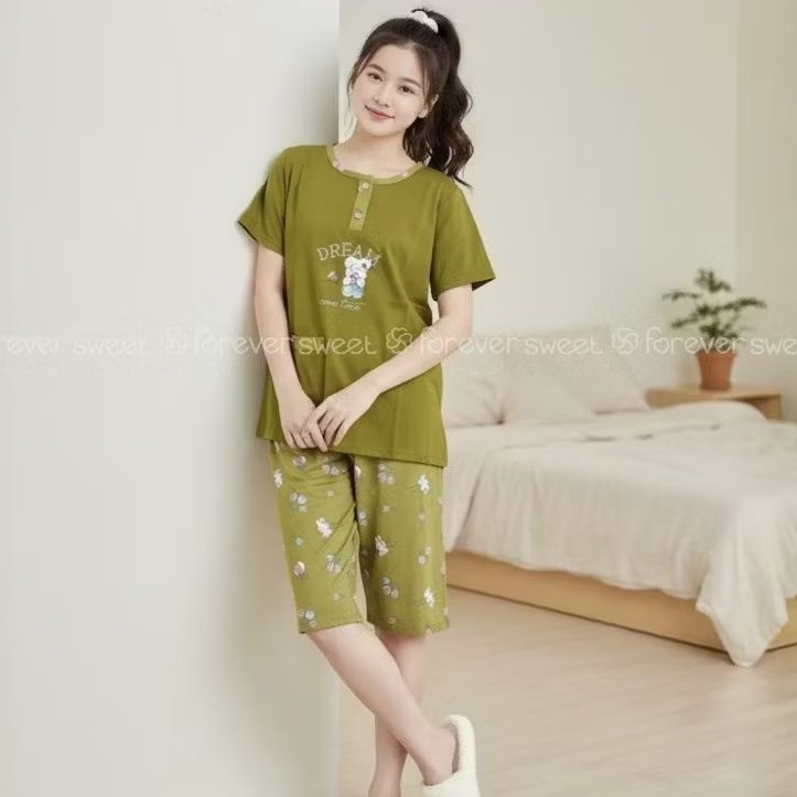 FOREVER SWEET Concept  Babydoll Bjau Tidur Piyama Setelan ¾ 3/4 Celana Pendek ABG Remaja Anak Tanggu
