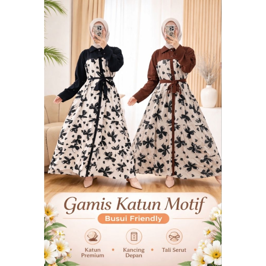 Gamis Katun Rayon Motif Bunga Kombinasi Polos | Dress Muslimah Kancing Depan Tali Pinggang