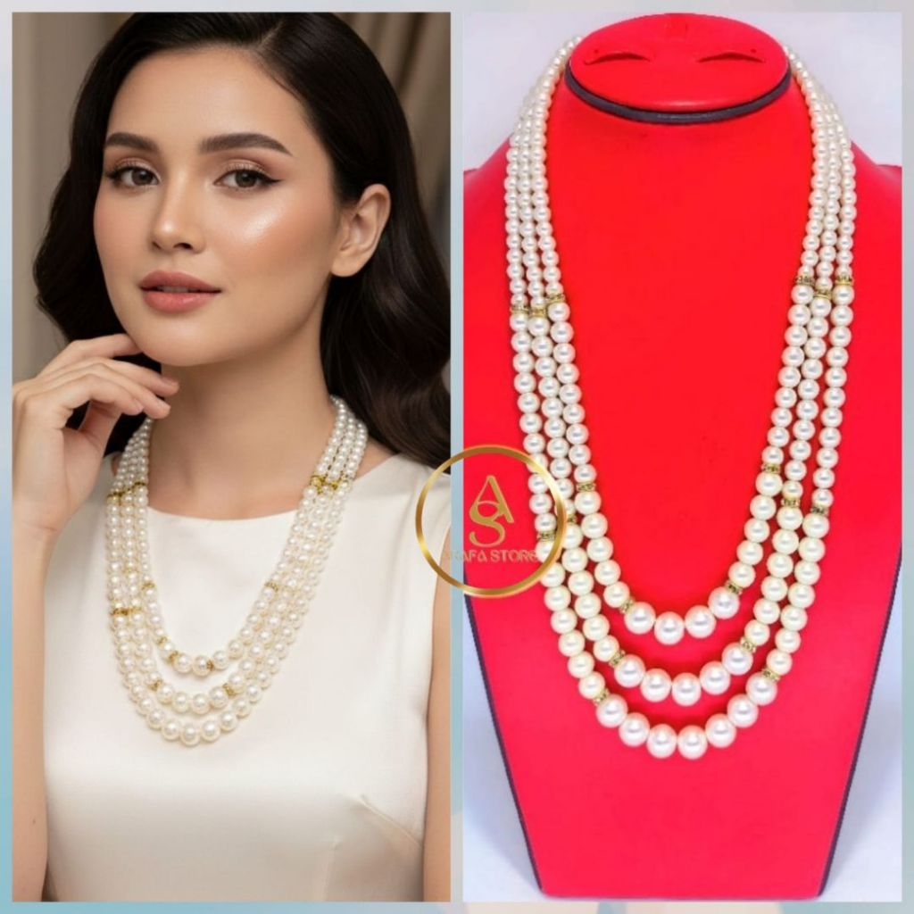 Kalung Mutiara Diamond 3 Layer Wanita Korea Mutiara Berat Premium Kalung Fashion Model Terbaru