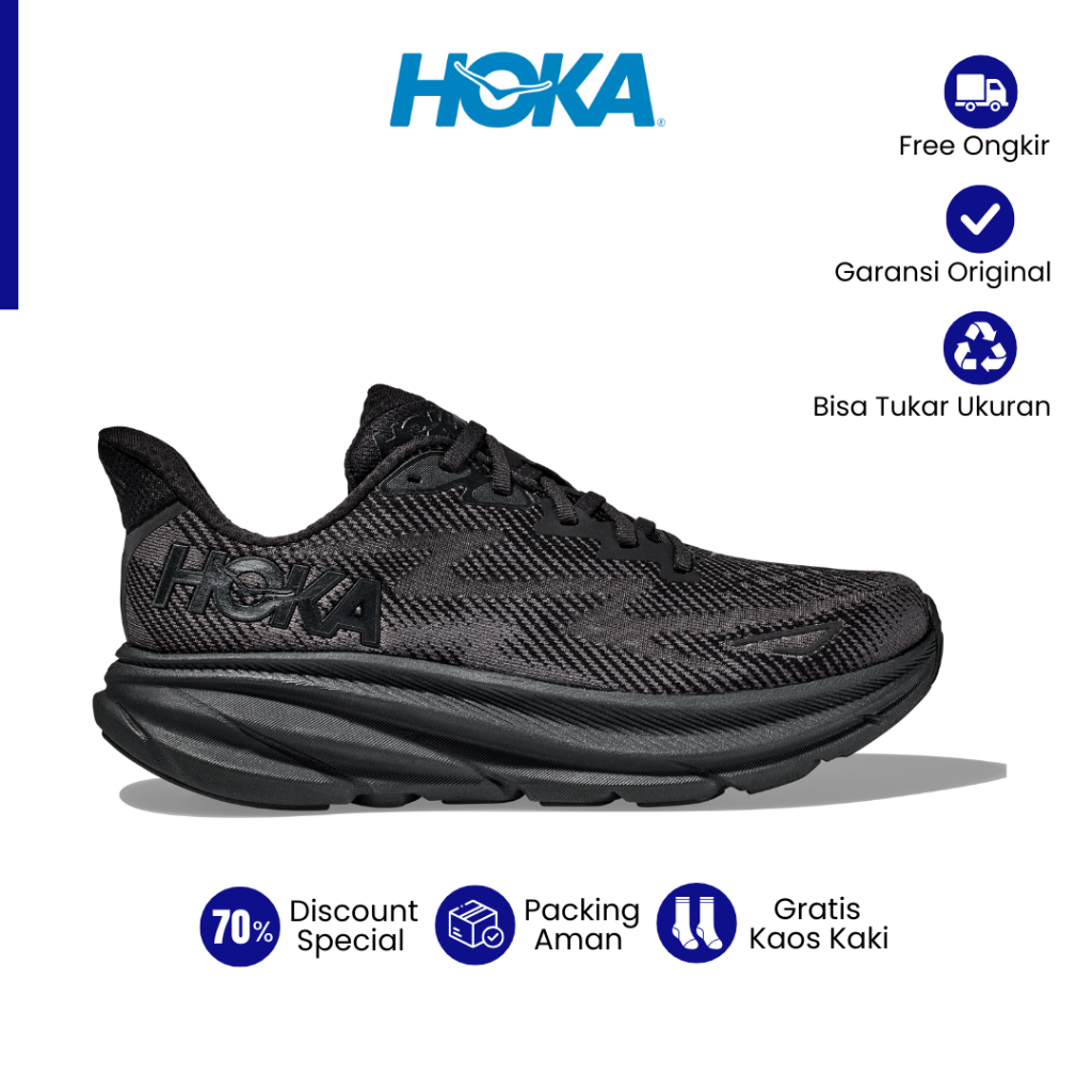 Sepatu Running Hoka Clifton 9 - Black Black Original