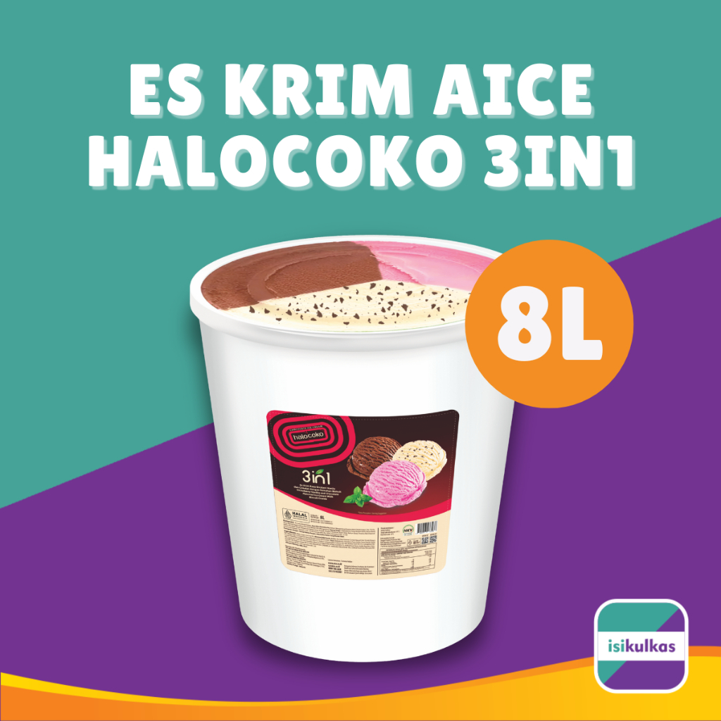 Ice Cream AICE HALOCOKO 3 Rasa Mix / Es Krim Neopolitan dengan choco chips Ember 8 Liter
