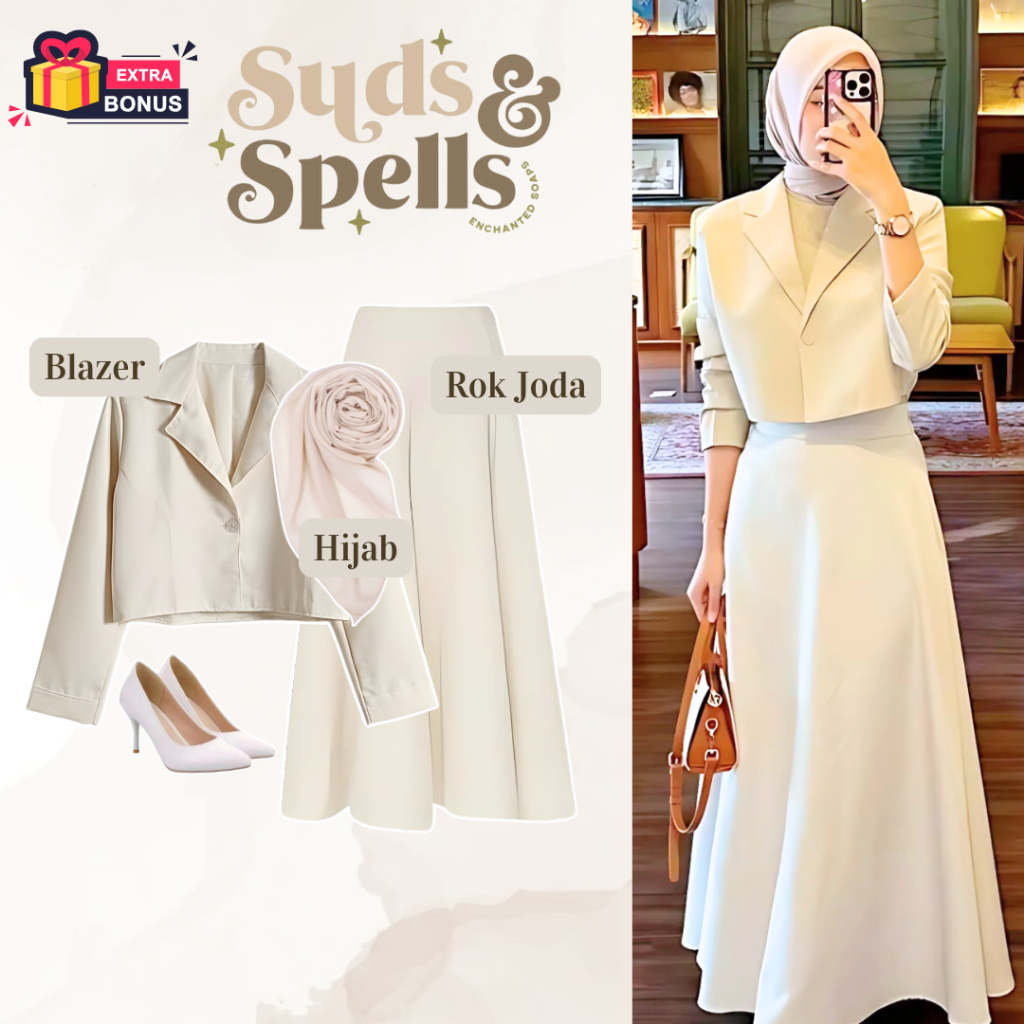 One set 3in1 setelan wanita hijab blazer jas putih broken white coksu coklat muda rok joda ivory cre