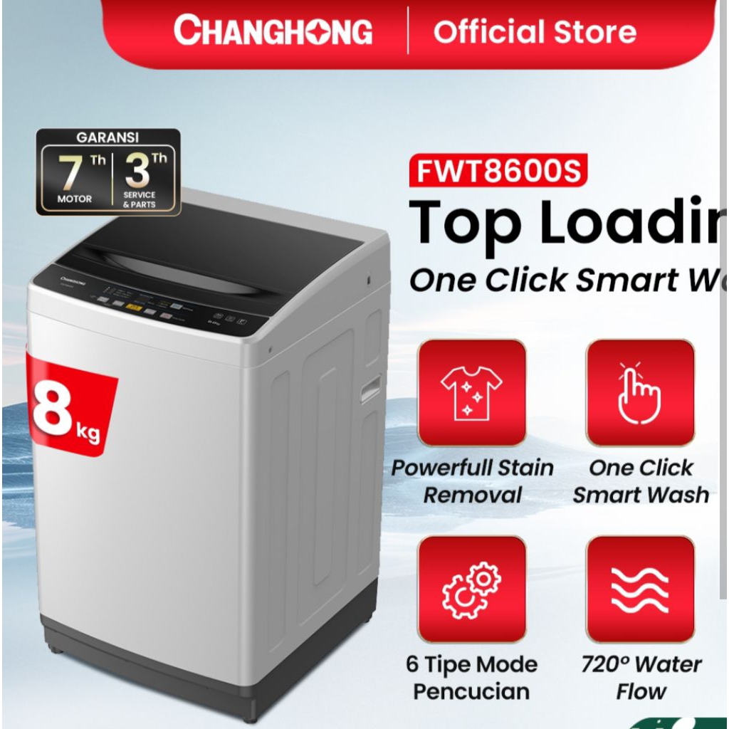 mesin cuci Changhong 8kg fwt8600s 1 tabung smart top loading washing machine 8 kg fwt-8600s powerful