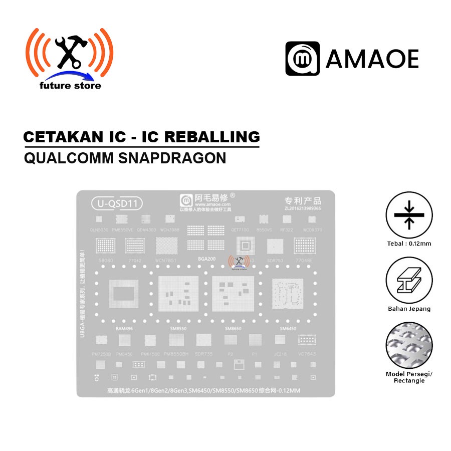 AMAOE U-QSD11 STENCIL CPU QUALCOMM SNAPDRAGON SM6450 SM8550 SM8560 0.12MM ORIGINAL - CETAKAN IC CPU 
