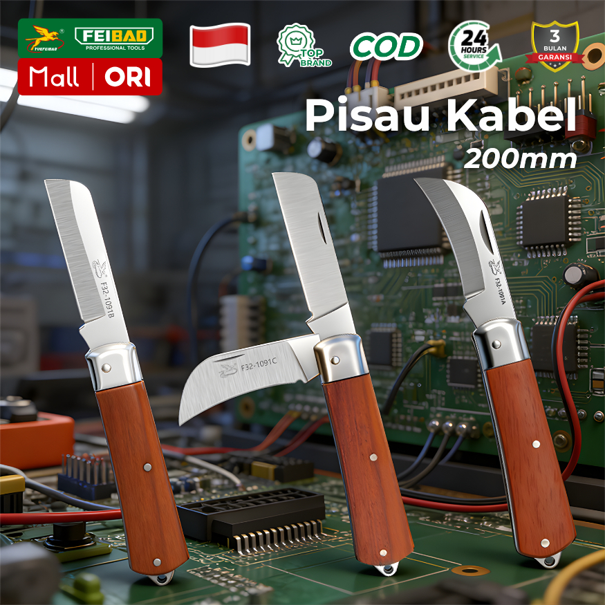 FEIBAO Pisau Pengupas Kabel Baja 200mm Anti Karat Bilah Ganda Lurus Lengkung Lipat Handle Kayu Awet
