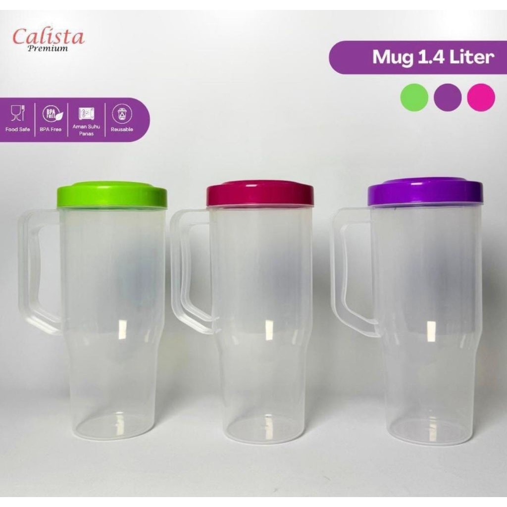 MUG TUTUP PLASTIK JUMBO 1.4 LITER CALISTA / GELAS MINUM JUMBO PLASTIK 1.4 LITER