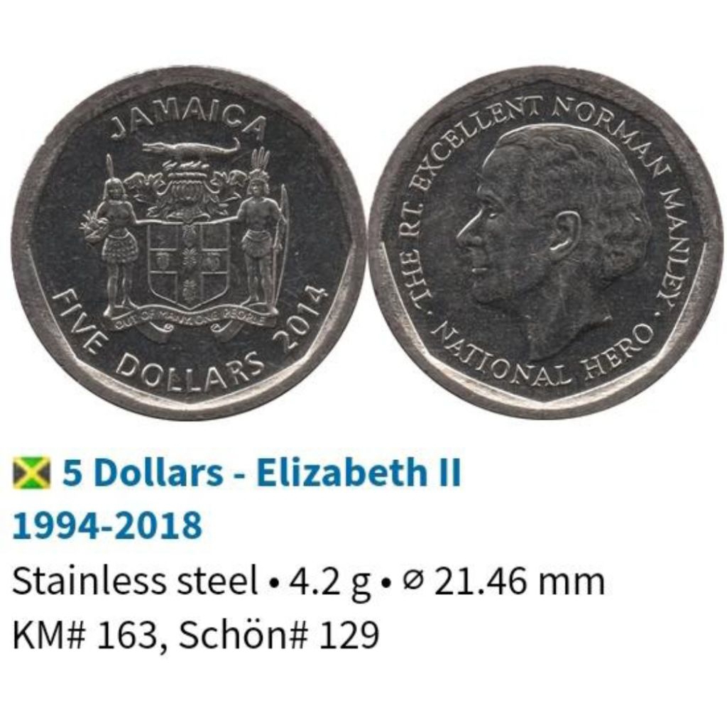 Koin 5 Dollar Five Dollar Jamaica Elizabeth II Tahun 1994-2018 Koleksi Coin Kuno Lama Antik Asing Lu