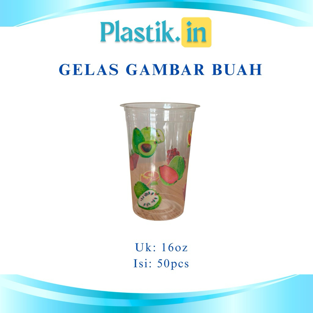 [Isi 50 pcs] Gelas Gambar Buah 16oz Merk Euro Tebal dan Kokoh | Gelas Teh Poci