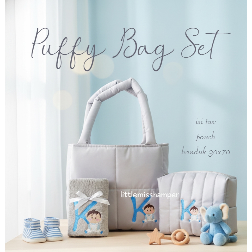 Paket Tas Puffy isi pouch Puff dan handuk bordir Tile pita baby one month hardtag milk bun bag