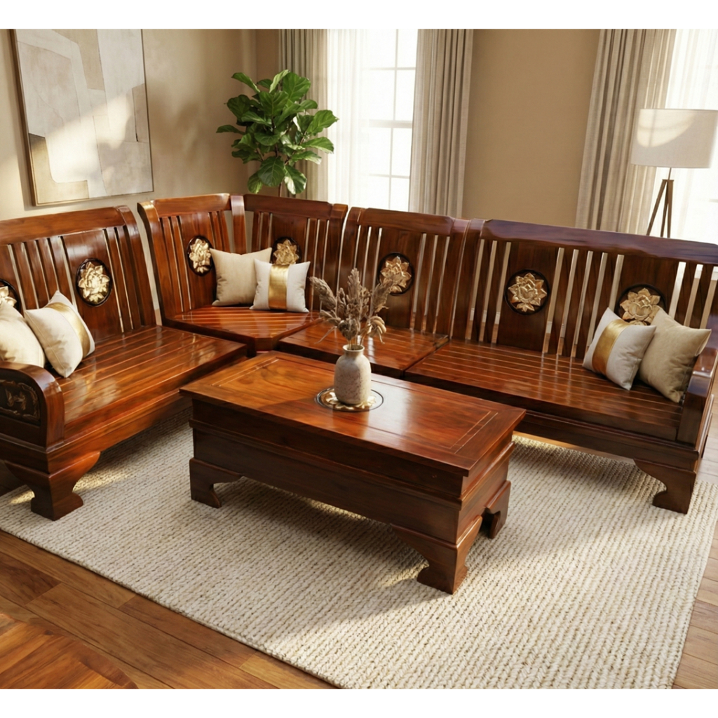 SOFA SUDUT KAYU JATI JEPARA ASLI SET MEJA KURSI TAMU UKIR MEWAH KLASIK KUAT AWET