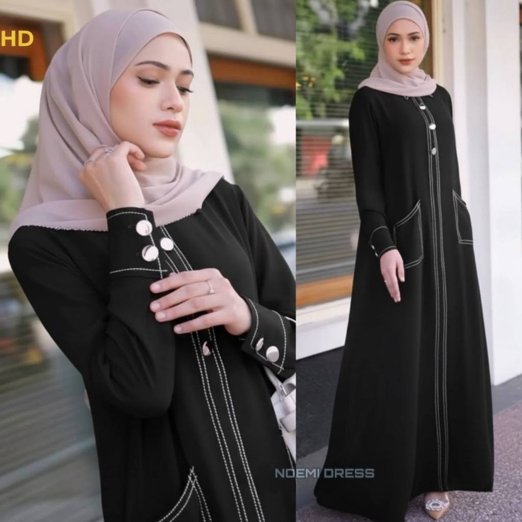 Noemi Dress Abaya Hitam dengan Detail Mutiara dan Saku Samping untuk Tampilan Elegan dan Modis Gamis