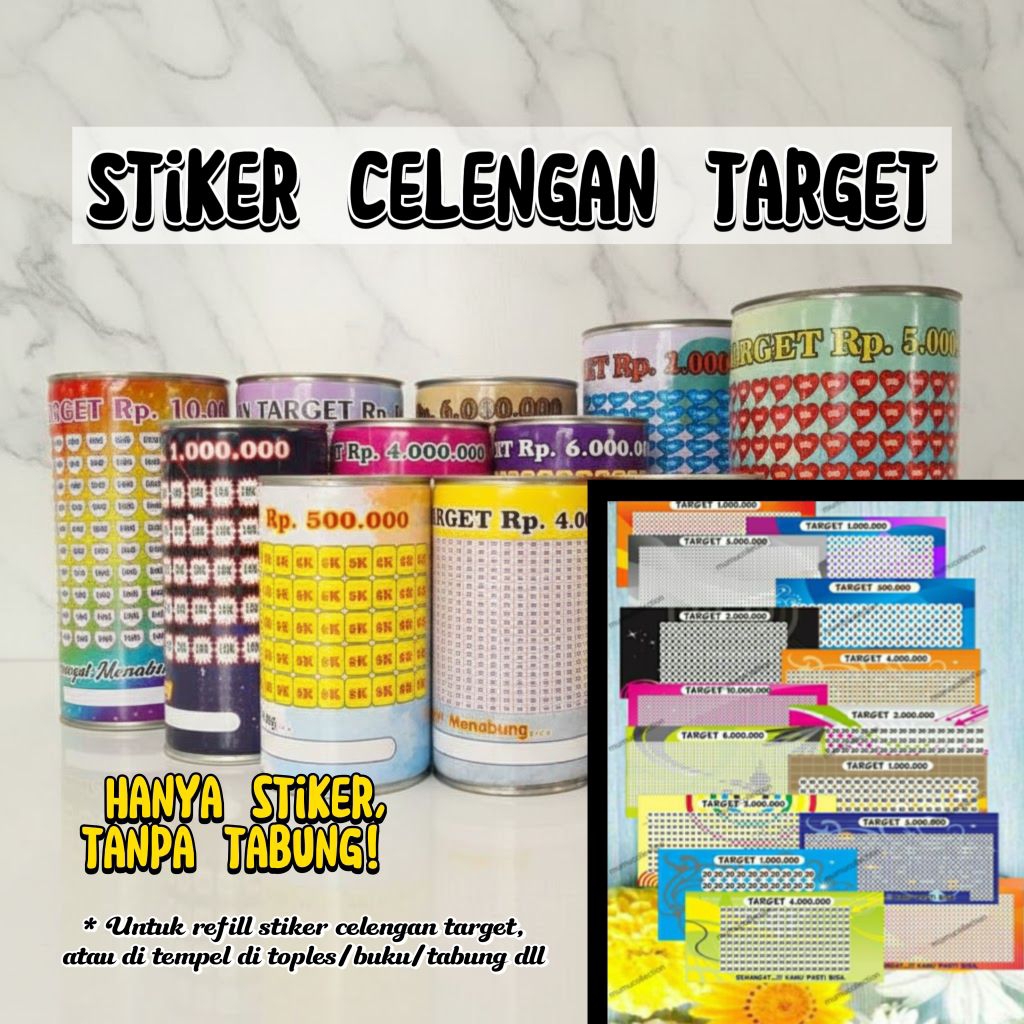 stiker celengan/tabungan target.stiker saja tanpa celengan bisa tempel di kardus/toples/kaleng/botol