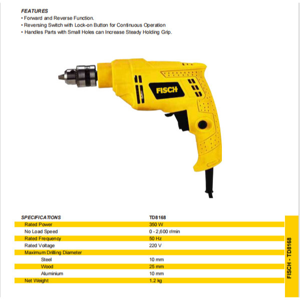 FISCH BOR DRILL TOOLS 10 mm ELECTRIC DRILL TD8168 - BOR KUAT