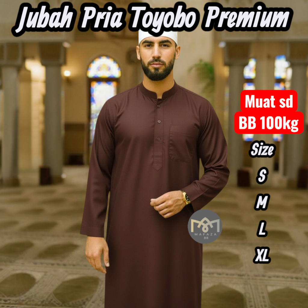Gamis Jubah Muslim Pria TOYOBO PREMIUM ADEM Lengan Panjang Polos Sholat Umroh Lebaran Cokelat Tua Co