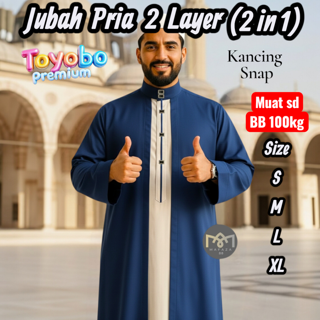 Jubah Gamis Pria Dewasa 2 Layer 2 in 1 TOYOBO PREMIUM ADEM Kancing Snap Impot Model Motif Haromain L