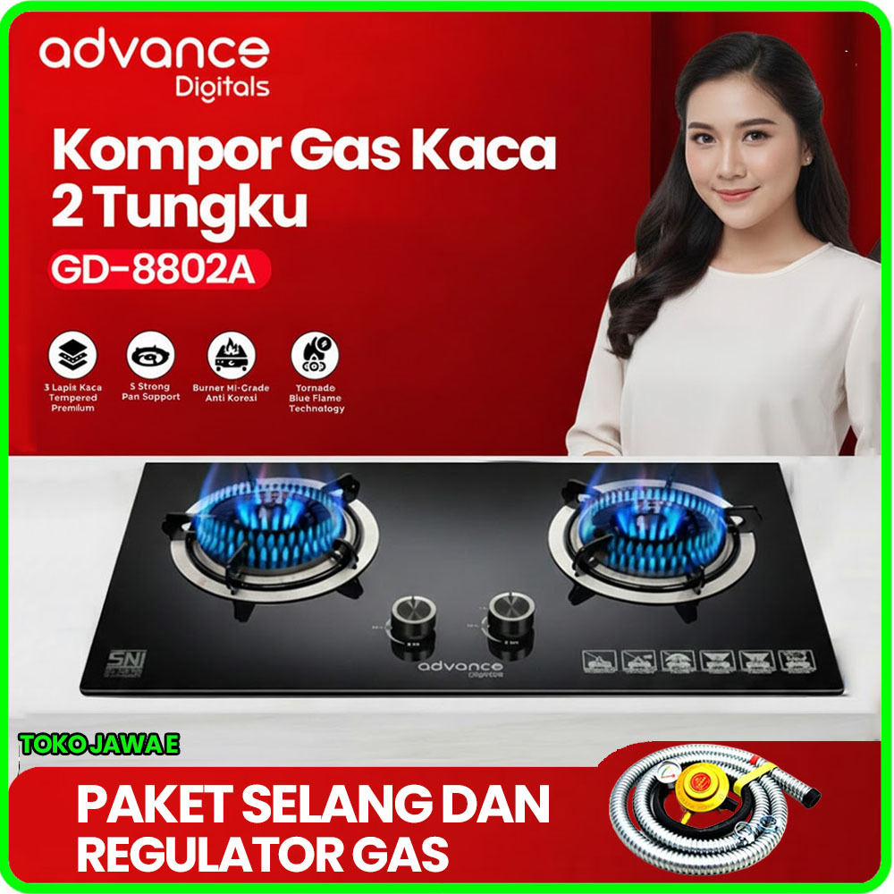 ADVANCE GD-8802 A KOMPOR GAS TANAM TORNADO BLUE FLAME 2 TUNGKU TEMPERED GLASS BISA TANAM & MEJA