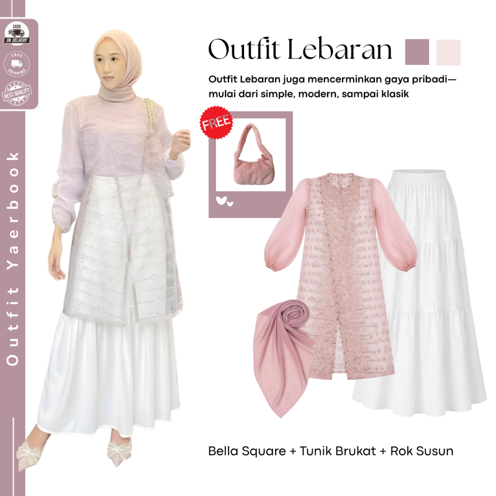 Sofia One Set Kondangan Outfit Hijab Style ( Bella Square + Tunik Brukat + Rok Susun ) Setelan Outfi