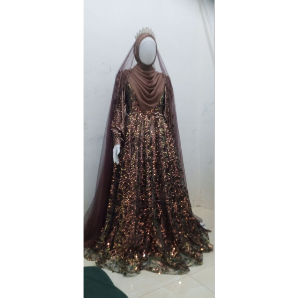gown wedding coklat mahogani gaun pengantin syari