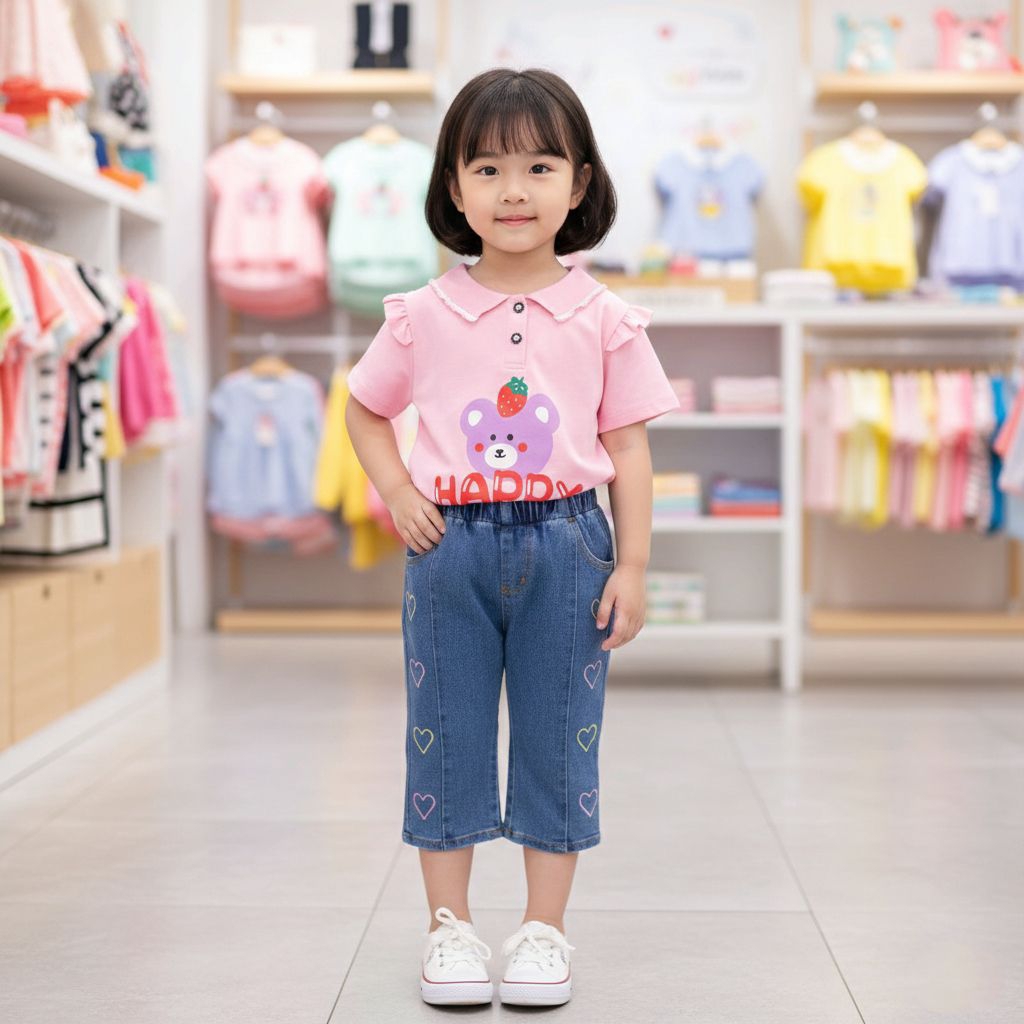 SET JEANS ANAK PEREMPUAN BAHAN LACOSTE / KAOS KERAH