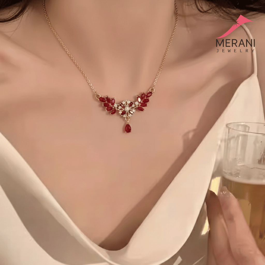Merani Jewelry Kalung Koye Permata Bunga Salju Ruby Titanium Lapis Emas Anti Karat 088