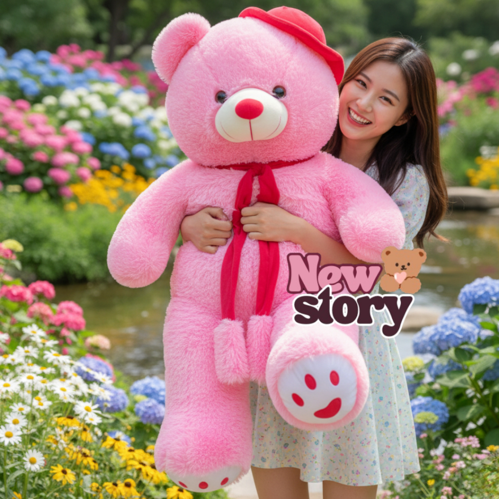 Boneka Teddy Bear Jumbo 90Cm Rasfur Berbulu Halus & Lembut Dengan Syal Topi Telapak Bisa Dicuci Aman Nyaman Dipeluk
