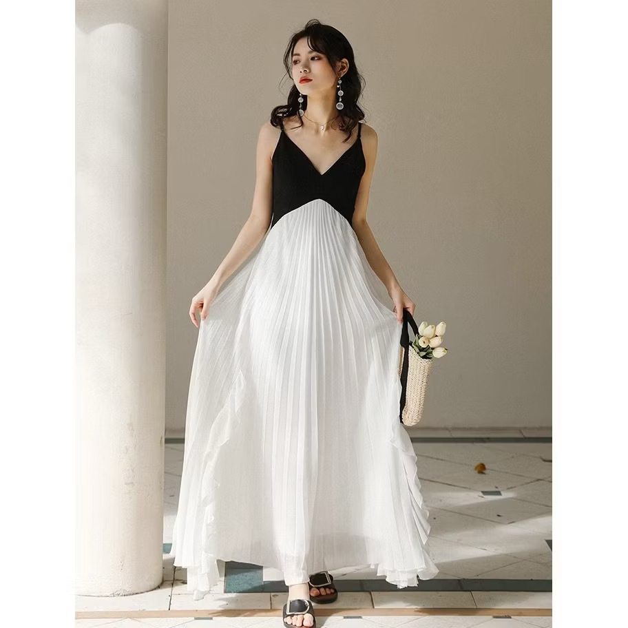 SAF - ELIKA BLACK WHITE LONG DRESS/ DRESS PANTAI WANITA / DRESS HITAM PUTIH