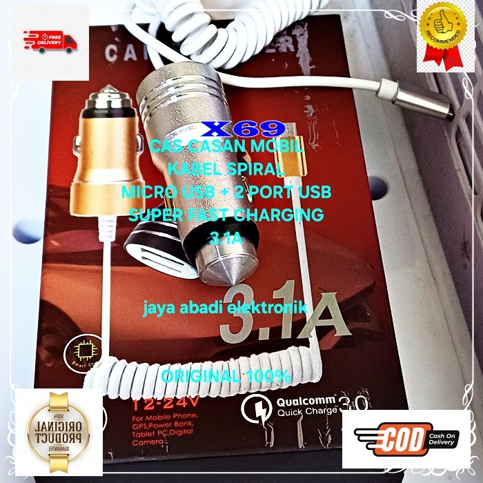 X69 CHARGER SPIRAL SPRING TRAVEL ADAPTOR SAVER ORI 100% 3A 3 A CAR ADAPTER CAS CASAN MOBIL 2 USB CHA