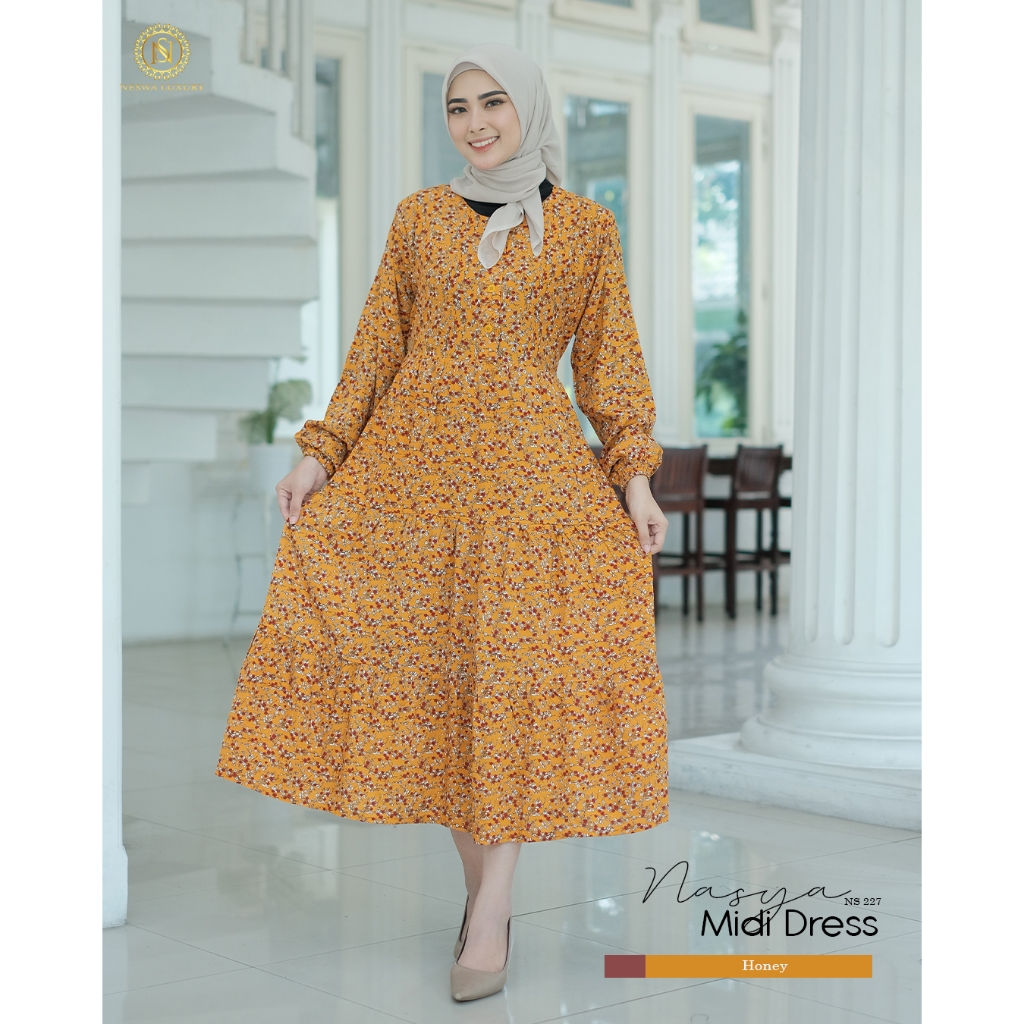 Midi Dress Wanita Bahan Rayon Premium Motif Bunga Kecil-Kecil Nasya Midi Neswa