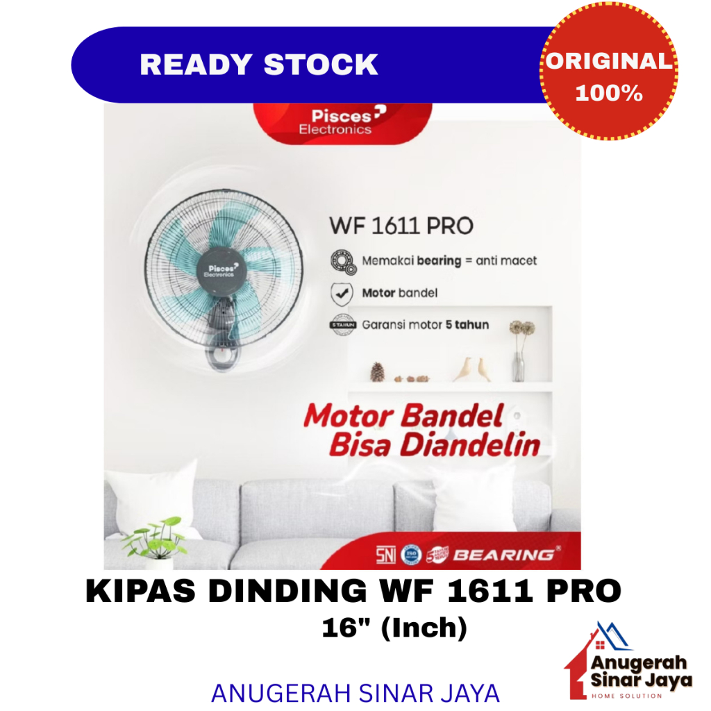 Kipas Angin Dinding Pisces /Wall Fan Pisces 16in /WF 1611 PRO Teknologi Bearing