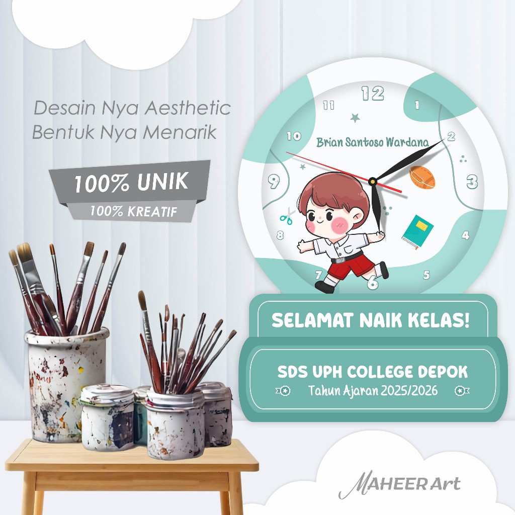 MAHEER Art | Jam Meja Duduk Kenang Kenangan SD Custom Nama Tulisan | Gift Perpisahan Angkatan Kelas