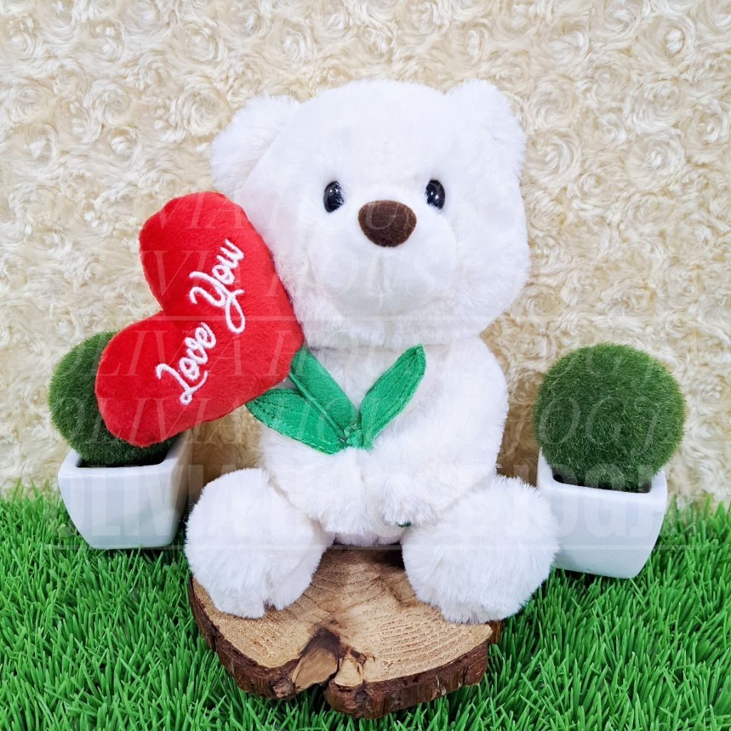 Boneka Beruang Putih Love You Chubby Boneka Sit White Bear Flower Love You