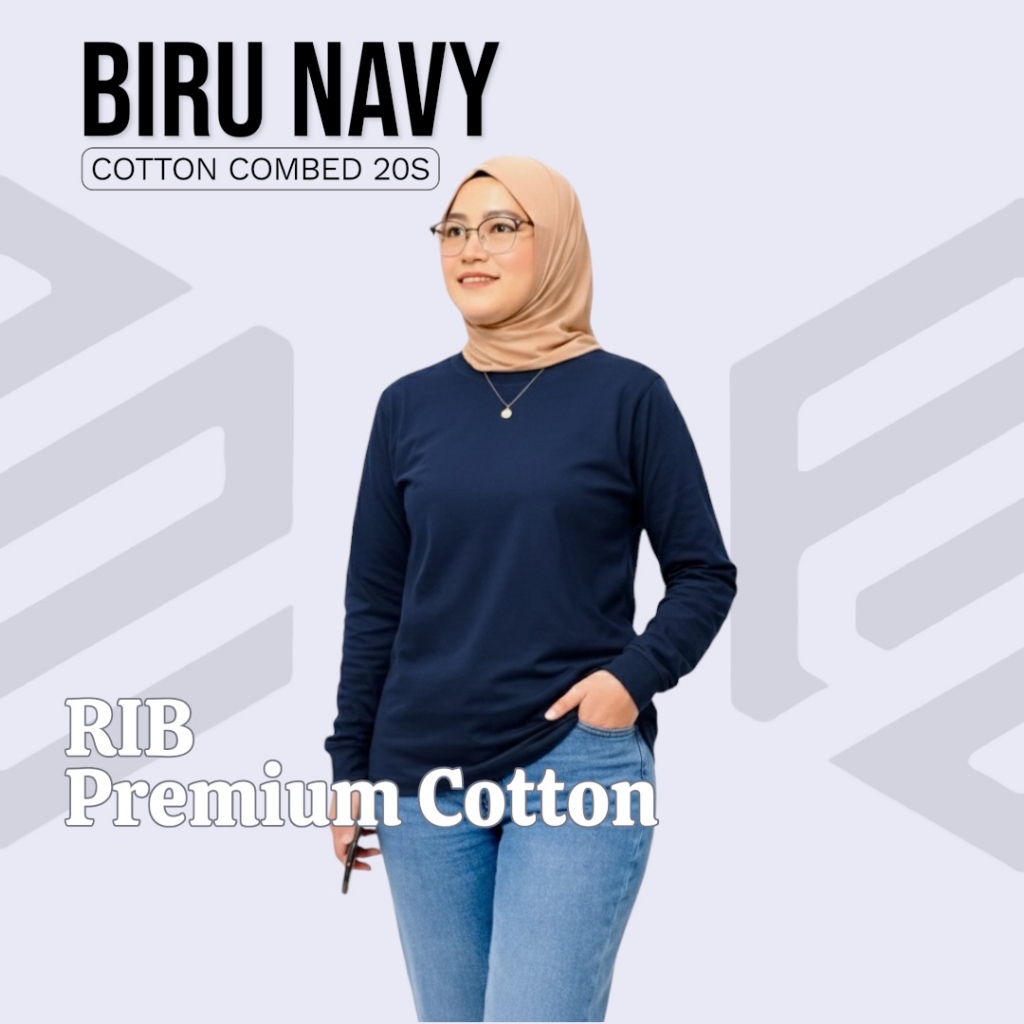 [TEBAL] KAOS POLOS RIB LENGAN PANJANG UNISEX BAHAN 100% COTTON COMBED 20S BIRU NAVY