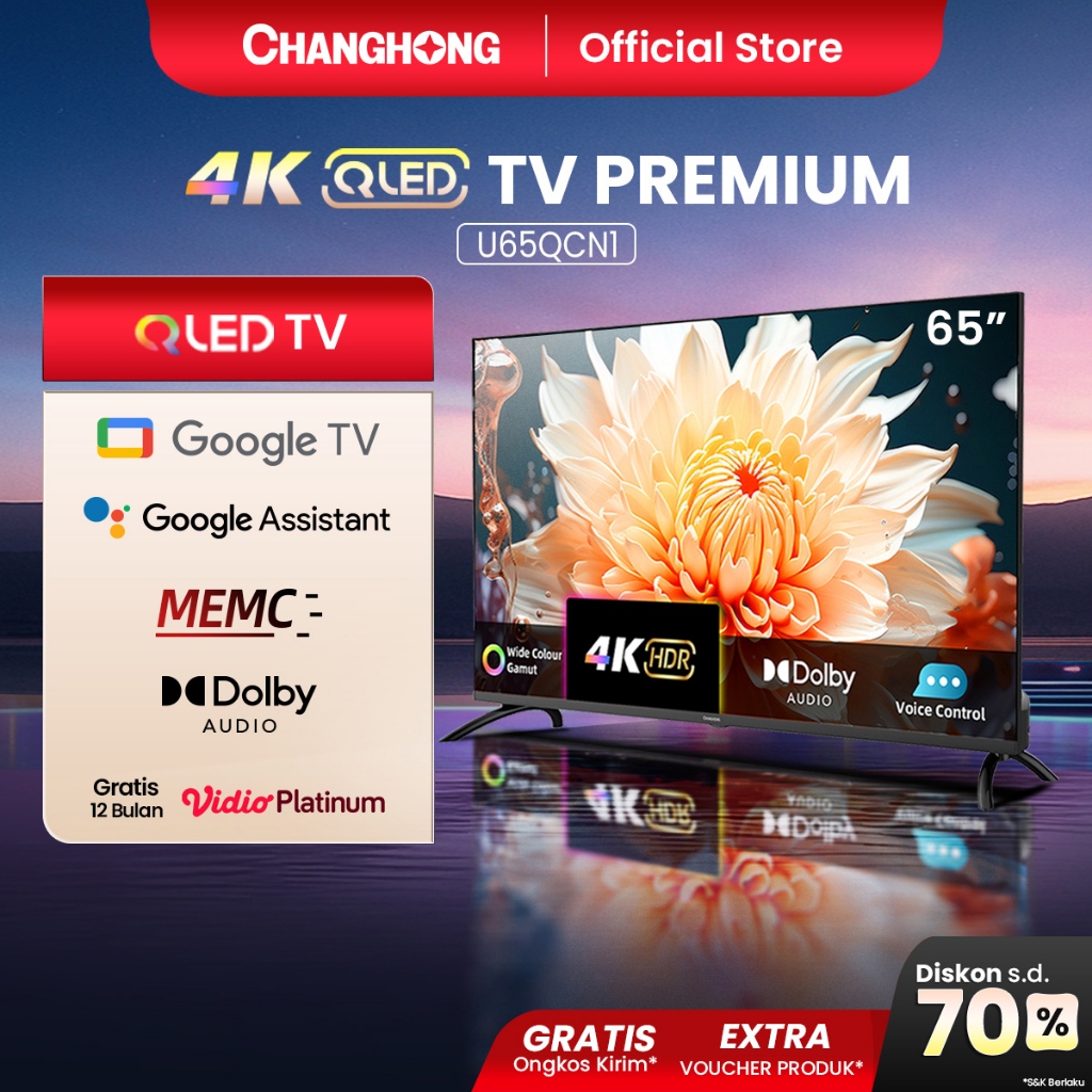 Changhong QLED TV 65 inch 4K Google TV Smart TV Digital Dolby Audio DBX-TV (U65QCN1)