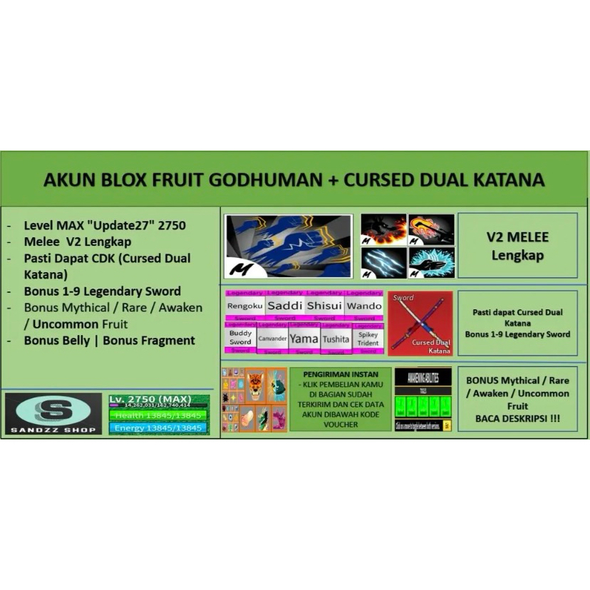 Akun Blox Fruit GODHUMAN+CURSED DUAL KATANA [Level MAX]