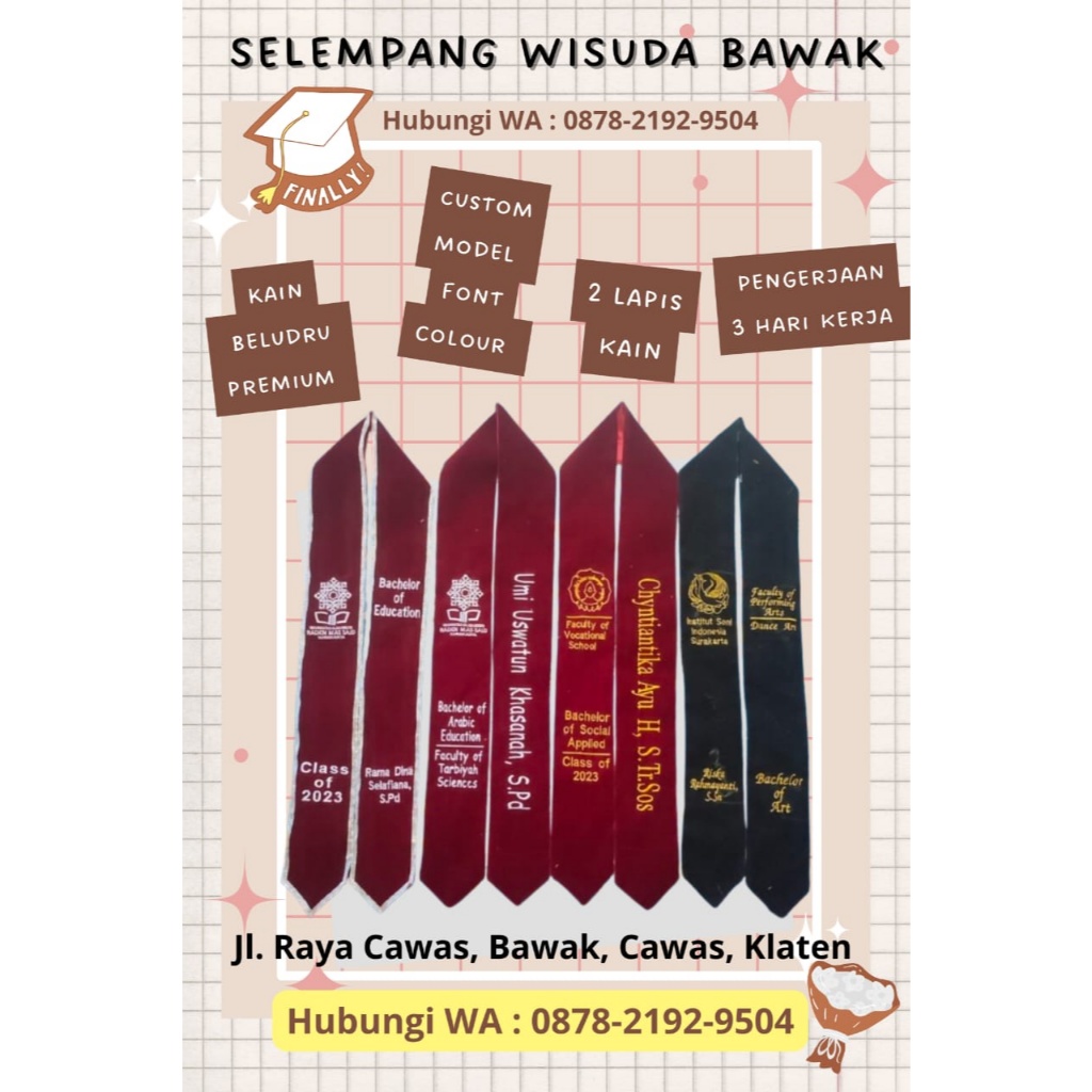 Selempang Wisuda Bordir Sarjana Eksklusif Desain Mewah Custom Bebas | Produksi Cawas Klaten