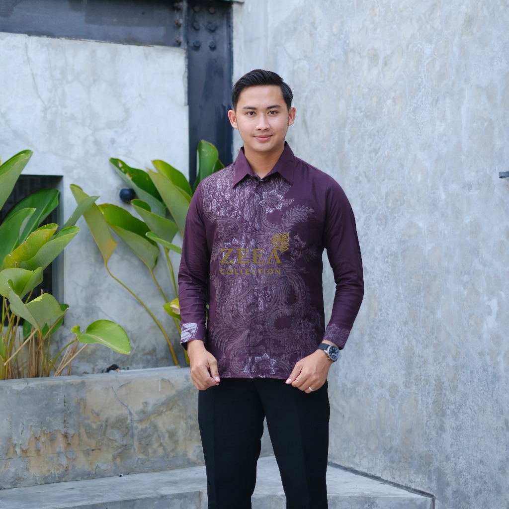 batik pria lengan panjang slimfit warna ungu bahan katun - atasan formal sopan anak muda