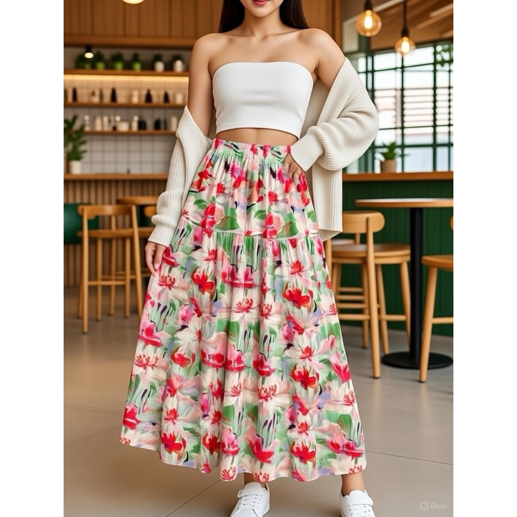 Rok Panjang Motif Rayon Premium Wanita Muslimah A-Line / Rok Skirt Motif Vintage Jumbo LP 110cm