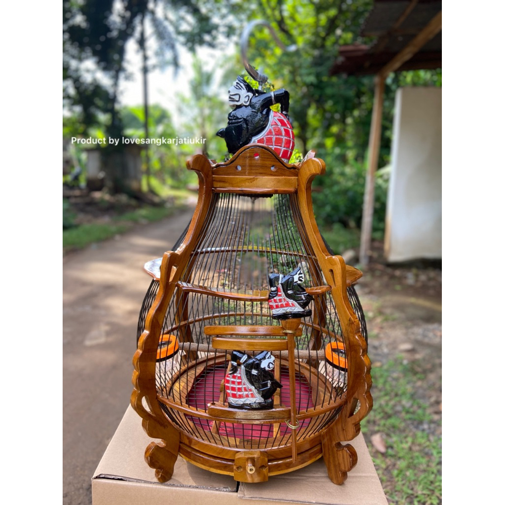 Sangkar Burung Kayu Jati Motif Semar Jeruji Fiber