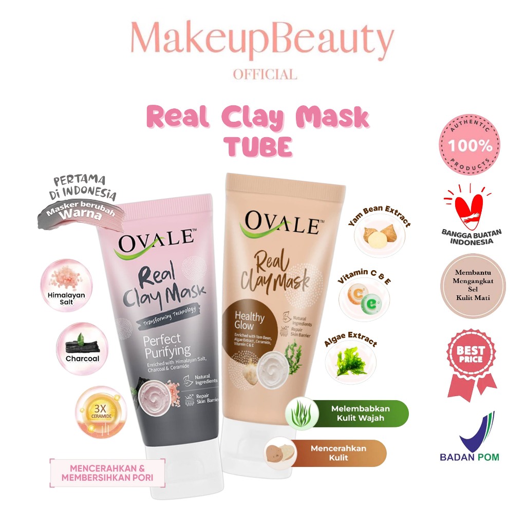 OVALE Clay Mask Healthy Glow 75gr | Perfect Purifying 50gr - Masker Wajah Berubah Warna Himalayan Sa
