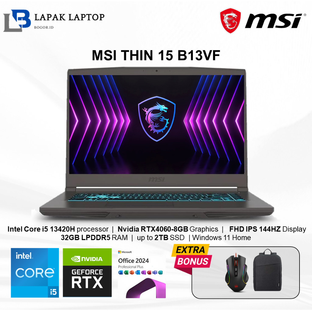 Laptop msi thin 15 B13VF Intel i5 13420H 32GB RAM 2TB SSD RTX4060-8GB FHD IPS 144Hz Windows 11