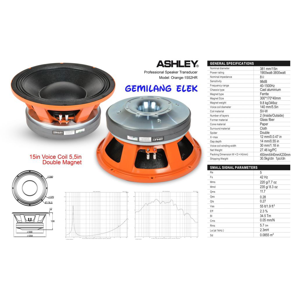 Speaker Komponen ASHLEY ORANGE 1552HR Coil 5'5 inch Double Magnet 15 inch