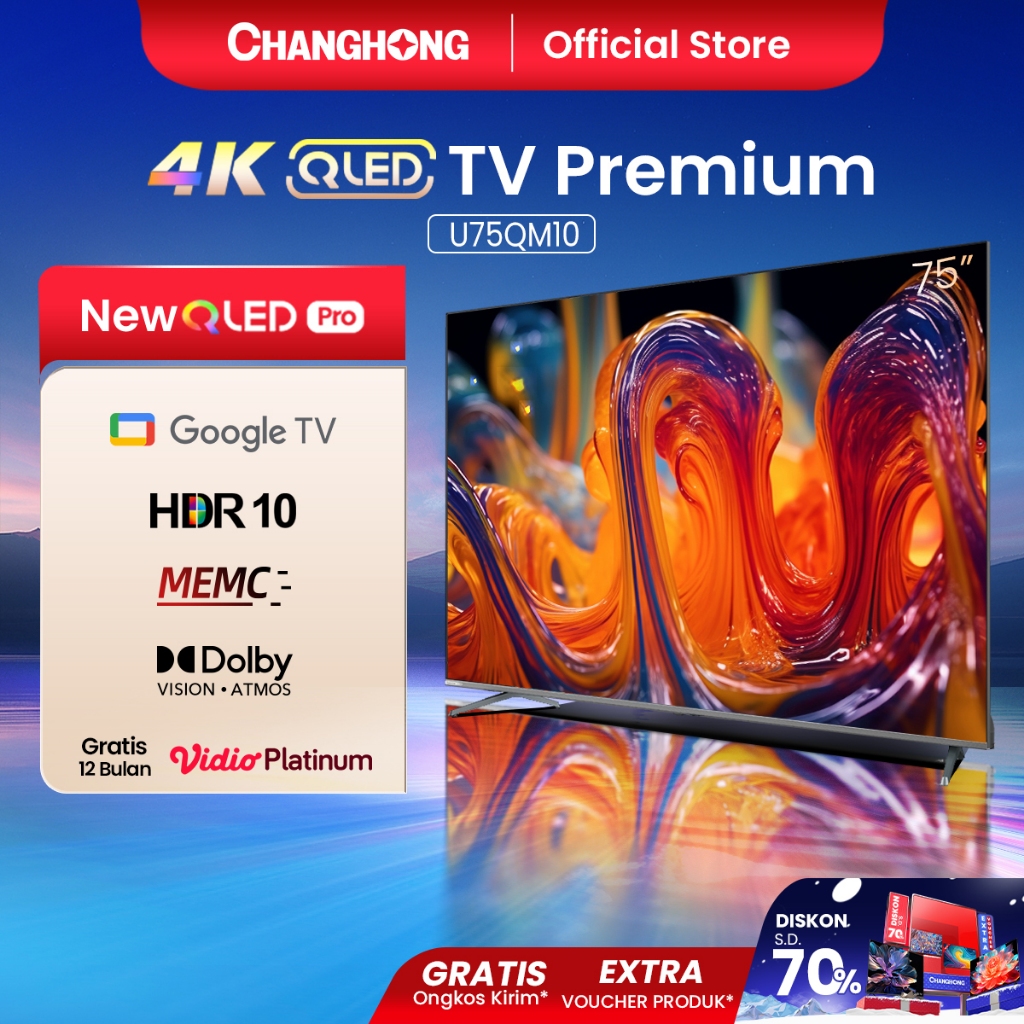 Changhong QLED TV 4K 75 inch Google Smart QLED PRO Digital TV Dolby Audio DBX-TV Google Play Netflix